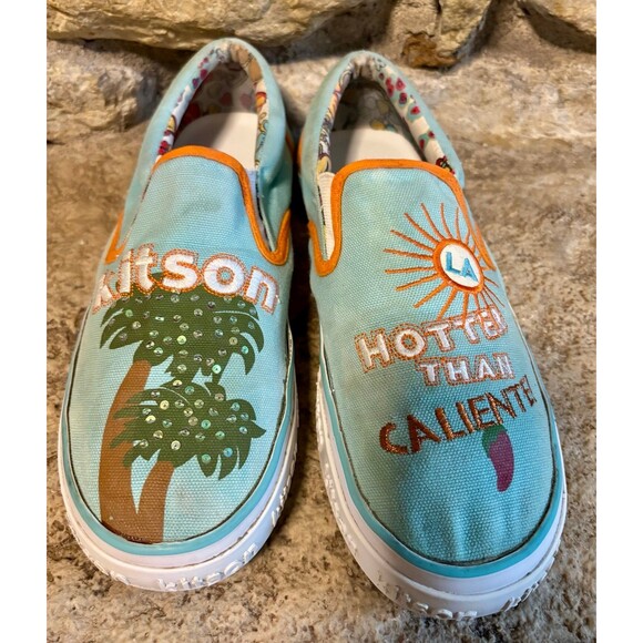 KITSON LA Hotter Than Caliente Aqua Orange Canvas Skater Slip On Shoes 39 or 8.5 - Picture 2 of 6